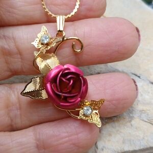Beautiful Red Rose Enamel butterfly pendant necklace
